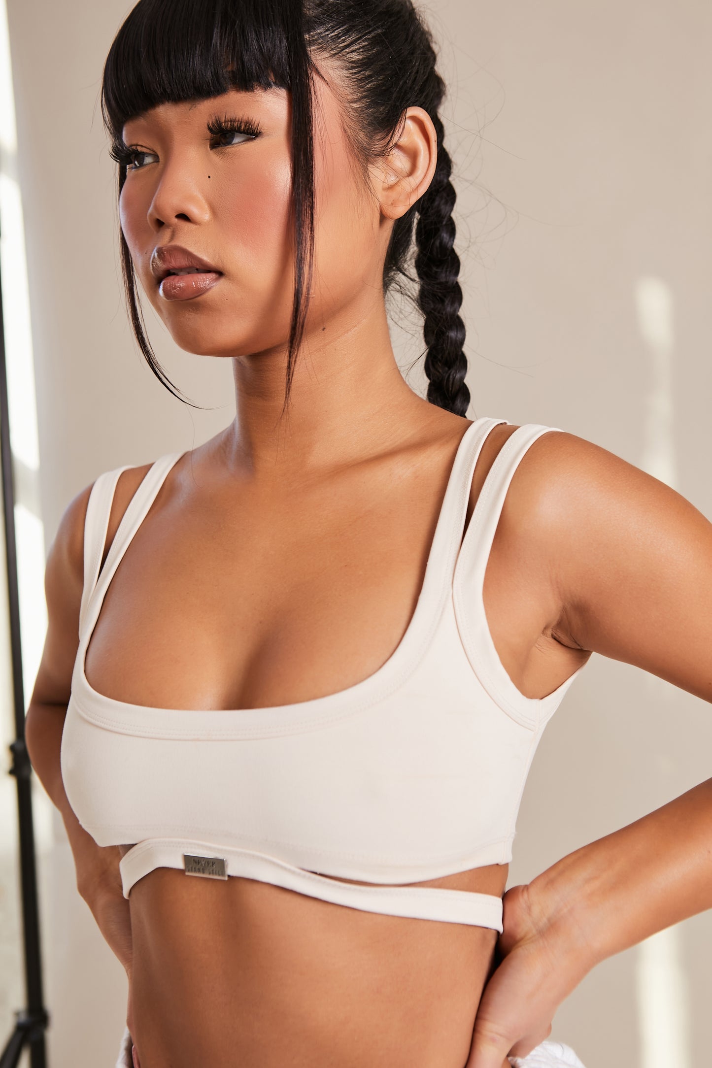 Cream Double Strap Logo Detail Crop Top