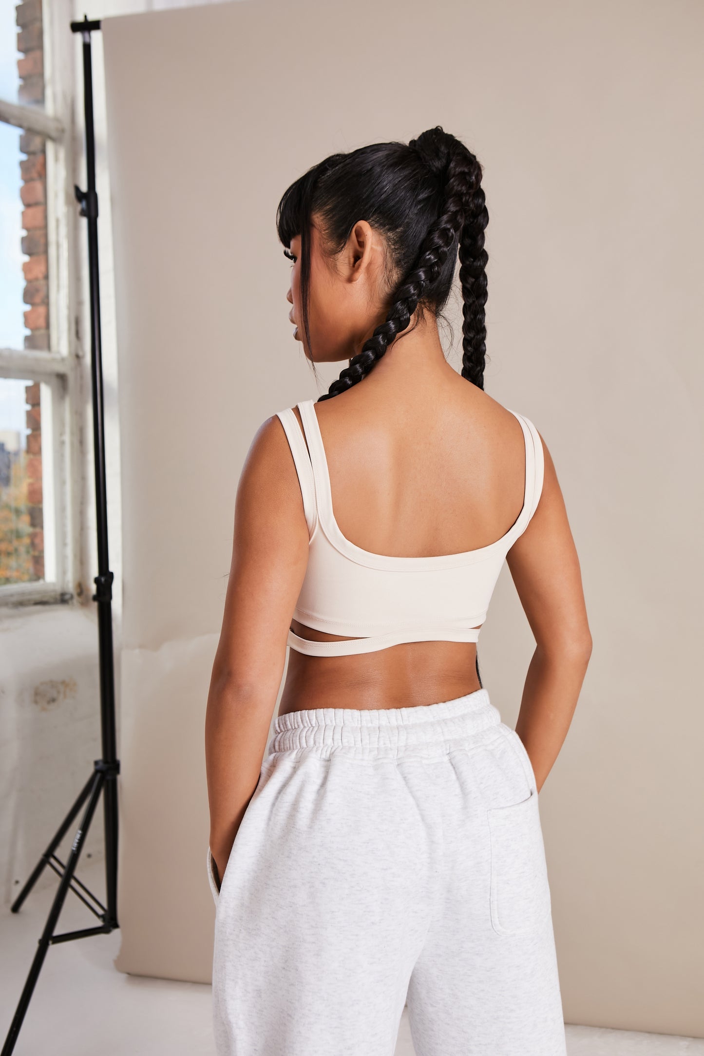 Cream Double Strap Logo Detail Crop Top