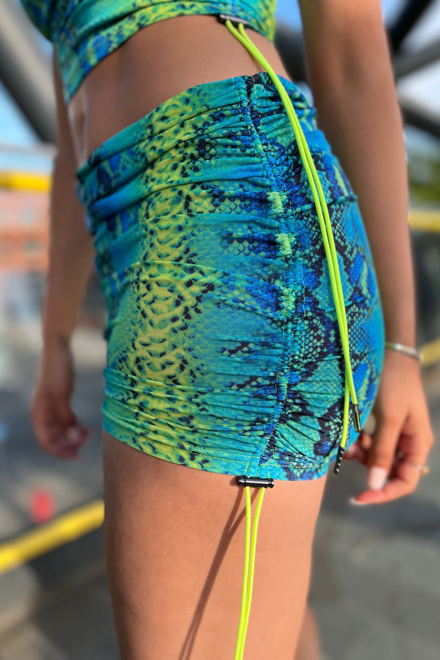 Green Snake Drawstring Mini Skirt