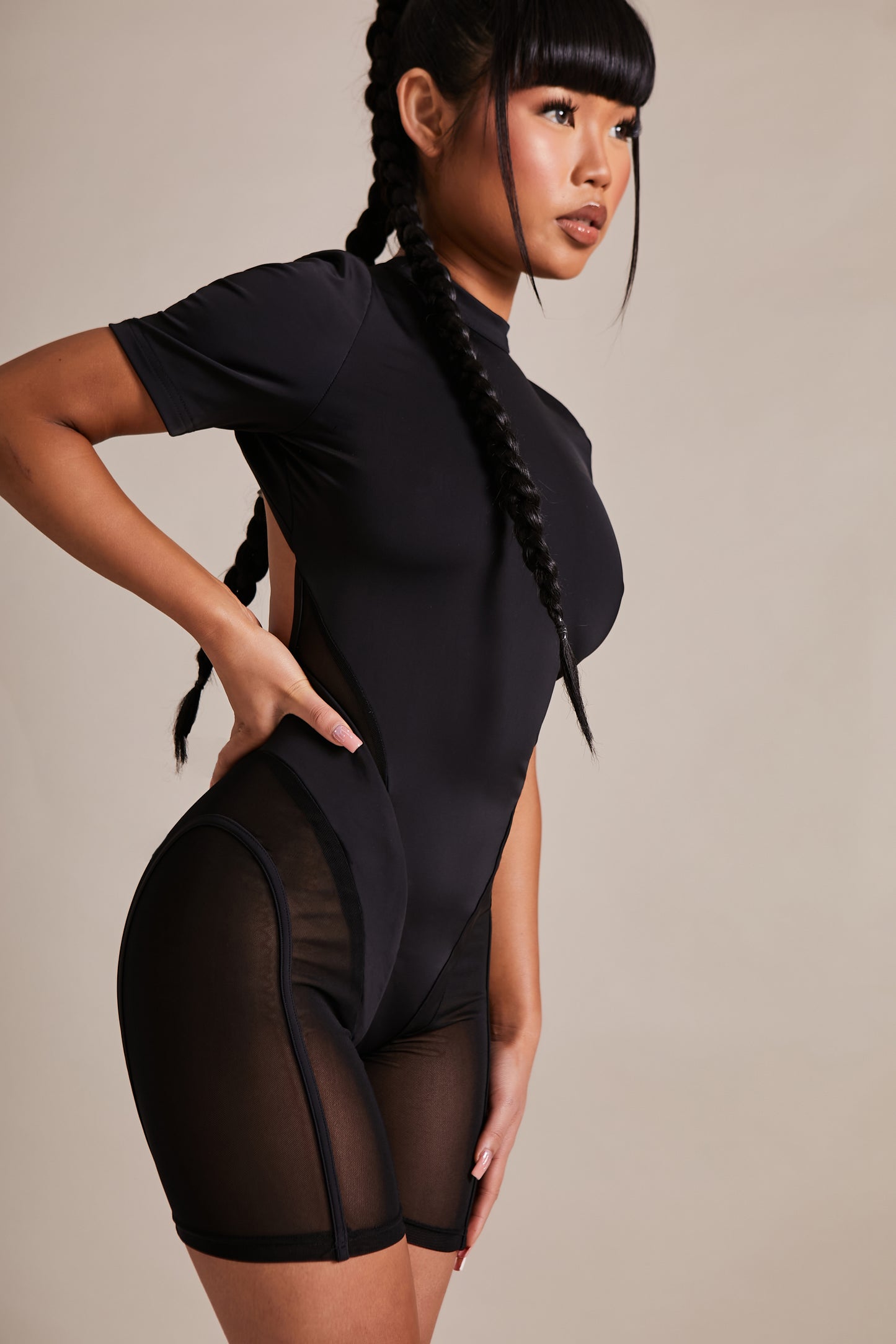 Black High Neck Mesh Panelled Unitard Playsuit