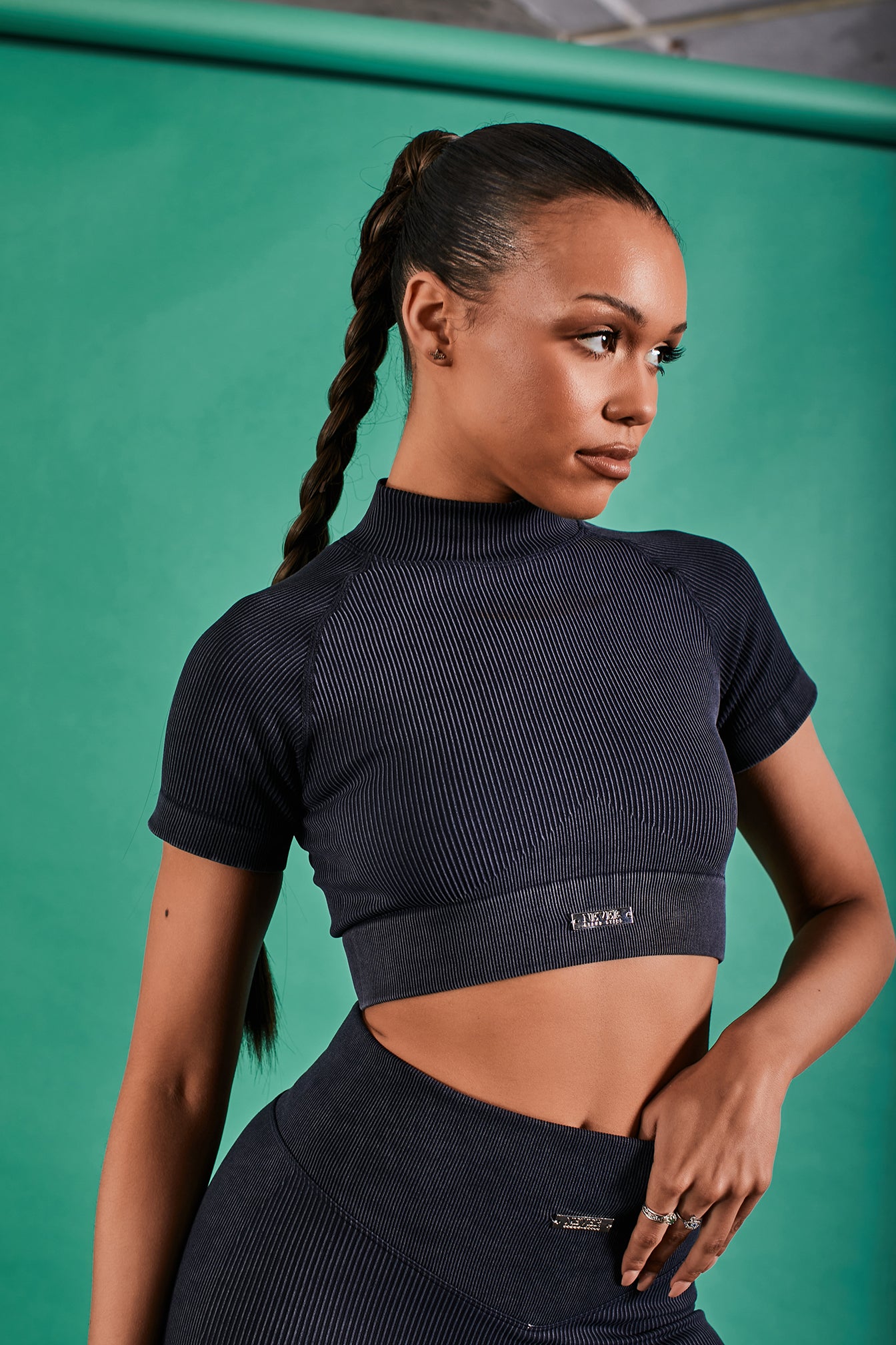 Charcoal Blue Acid Wash High Neck Seamless Crop Top